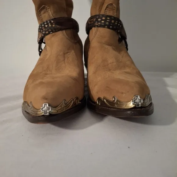 Nocona Tan Suede Leather Women's Heeled Boots with Metal Decoration