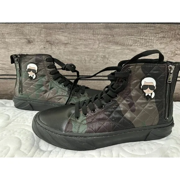 NWOB Karl Lagerfeld Paris Men's SHOES 10.5 Double Back Zip Quilted Camo Hi Top