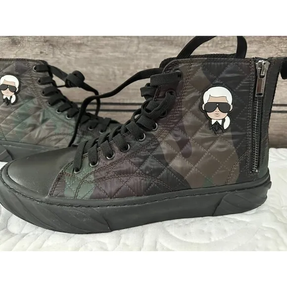 NWOB Karl Lagerfeld Paris Men's SHOES 10.5 Double Back Zip Quilted Camo Hi Top