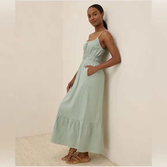 NWOT Pact 100% Organic Cotton Coastal Double Gauze Cami Maxi Dress Agave Green S
