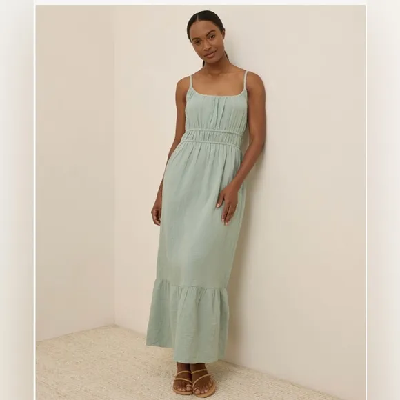 NWOT Pact 100% Organic Cotton Coastal Double Gauze Cami Maxi Dress Agave Green S