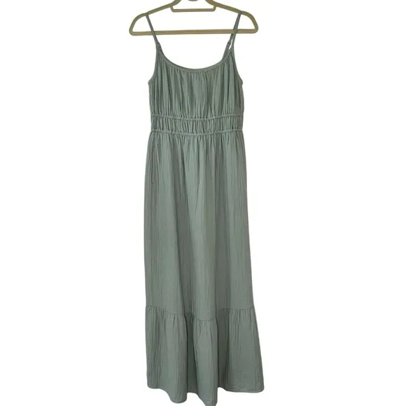 NWOT Pact 100% Organic Cotton Coastal Double Gauze Cami Maxi Dress Agave Green S
