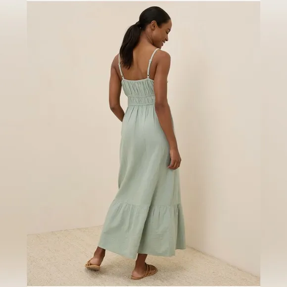 NWOT Pact 100% Organic Cotton Coastal Double Gauze Cami Maxi Dress Agave Green S