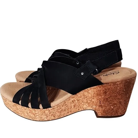 NWT Clarks Women's Giselle Ivy Cork Wedge Sandals Black Nubuck Size 11M