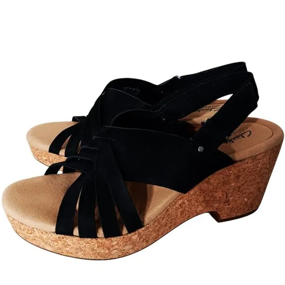 NWT Clarks Women's Giselle Ivy Cork Wedge Sandals Black Nubuck Size 11M