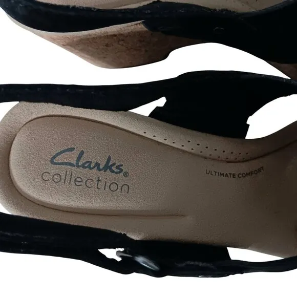 NWT Clarks Women's Giselle Ivy Cork Wedge Sandals Black Nubuck Size 11M