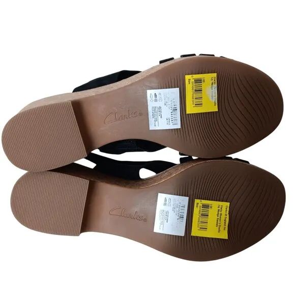 NWT Clarks Women's Giselle Ivy Cork Wedge Sandals Black Nubuck Size 11M