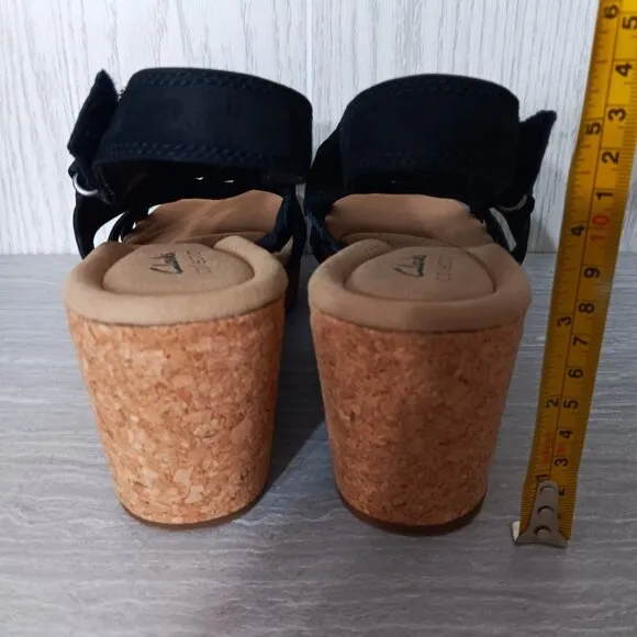 NWT Clarks Women's Giselle Ivy Cork Wedge Sandals Black Nubuck Size 11M