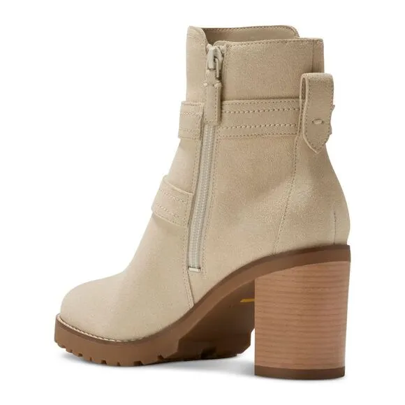 NWT COLE HAAN Womens Beige Foster Almond Stacked Heel Suede Heeled Boots 6.5 B