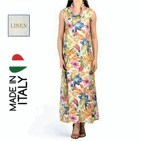 NWT Francesca Bettini Italy Linen Tropical Floral Print Maxi Dress