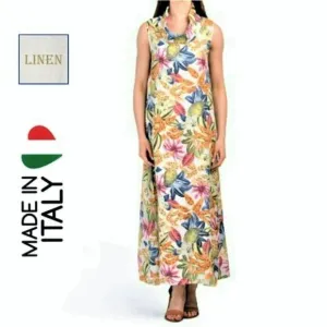 NWT Francesca Bettini Italy Linen Tropical Floral Print Maxi Dress