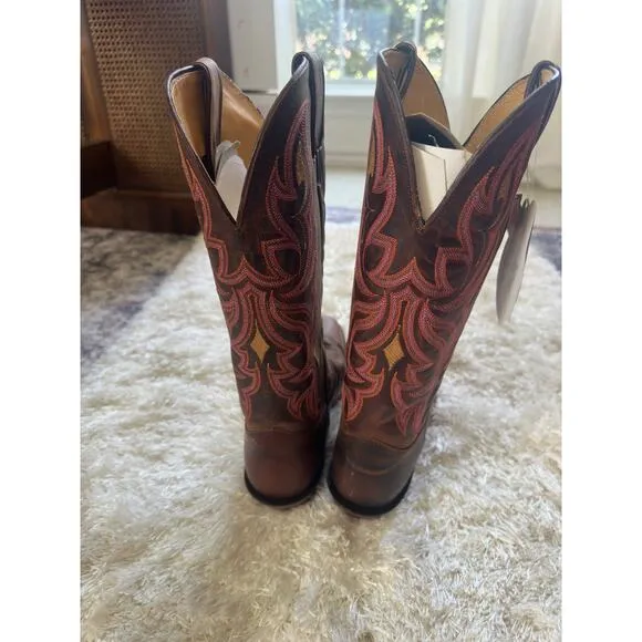 NWT Justin L2687 Ladies Punchy Western Boot Antique Brown Pink Square Toe 9.5 B