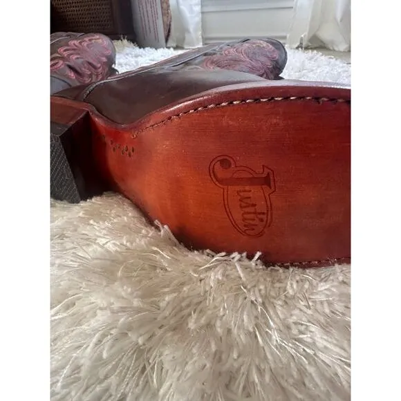 NWT Justin L2687 Ladies Punchy Western Boot Antique Brown Pink Square Toe 9.5 B