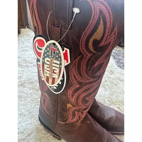 NWT Justin L2687 Ladies Punchy Western Boot Antique Brown Pink Square Toe 9.5 B