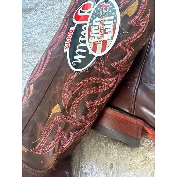 NWT Justin L2687 Ladies Punchy Western Boot Antique Brown Pink Square Toe 9.5 B