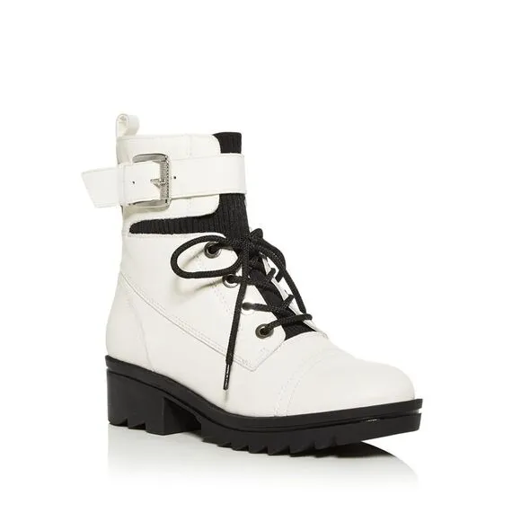NWT MARC FISHER Womens White 1&quot; Platform Bristyn Leather Combat Boots 8 M