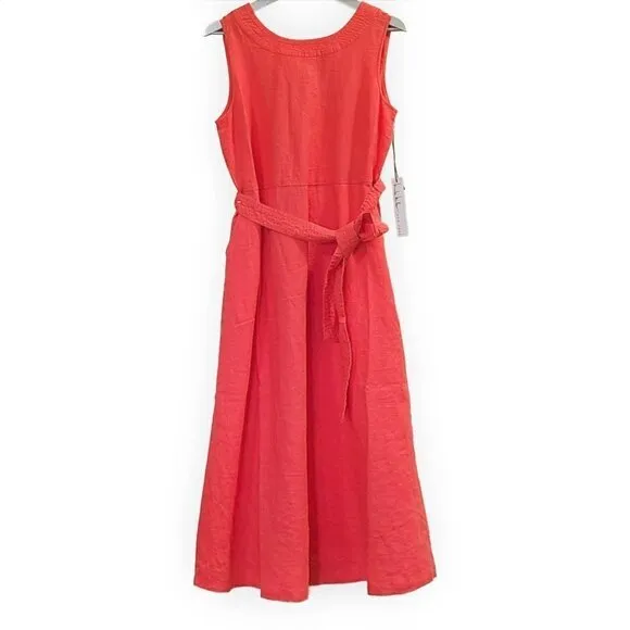 NWT NICOLE MILLER Linen V-Back Tie Waist Fit &amp; Flare Midi Dress