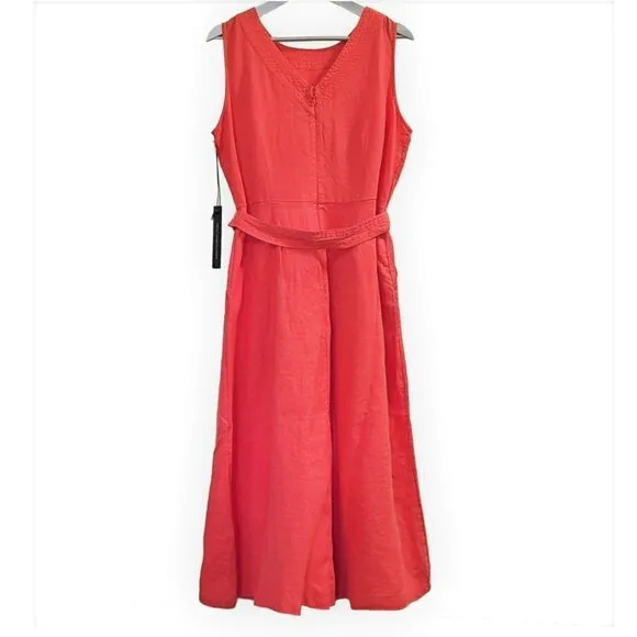 NWT NICOLE MILLER Linen V-Back Tie Waist Fit &amp; Flare Midi Dress