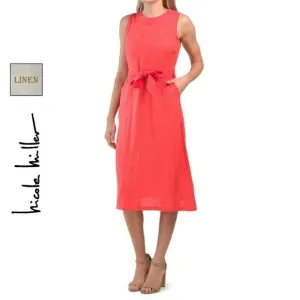 NWT NICOLE MILLER Linen V-Back Tie Waist Fit &amp; Flare Midi Dress