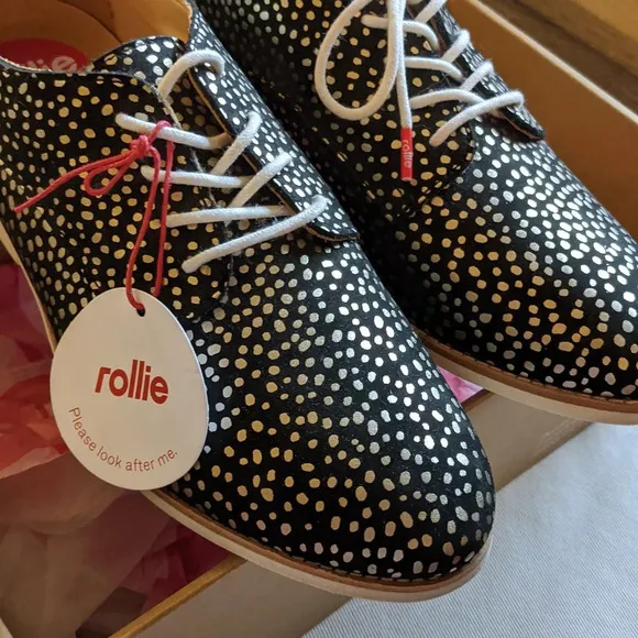 NWT Rollie Brand Women's Oxford Shoes Lightweight Derby Flat Gold Leopard 7/38