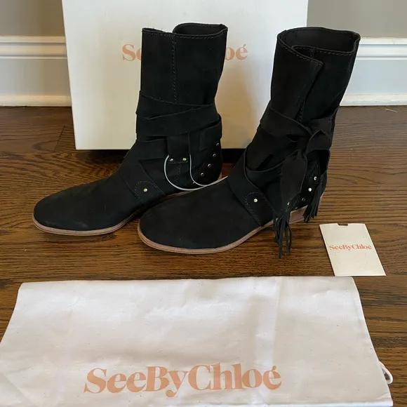 NWT See By Chloe black suede studded black boots