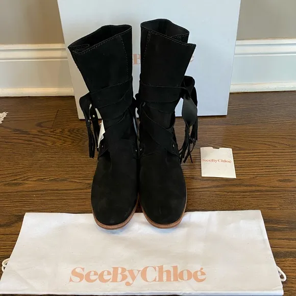 NWT See By Chloe black suede studded black boots