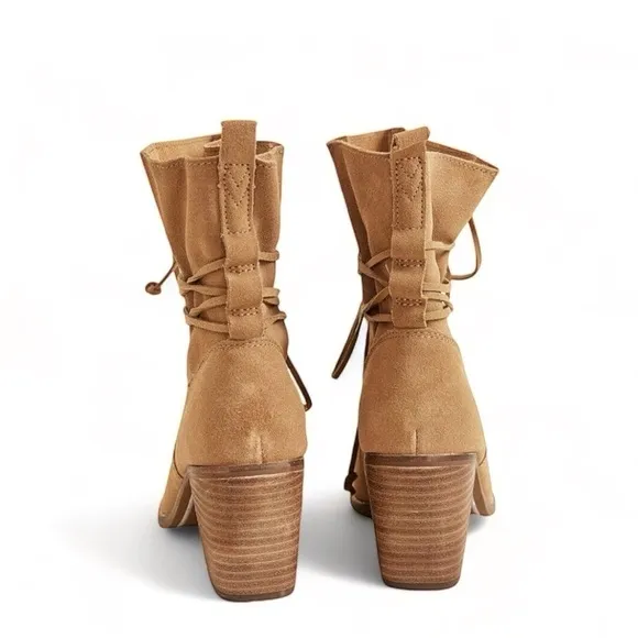 NWT TOMS Mila Leather Suede Tan Heeled Boots Size 6