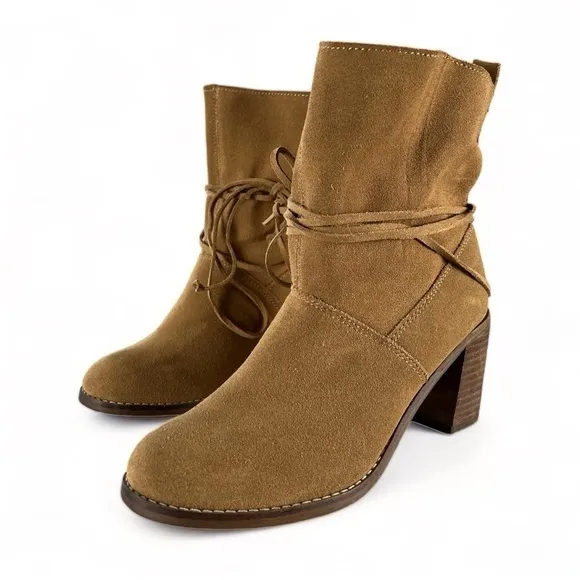NWT TOMS Mila Leather Suede Tan Heeled Boots Size 6