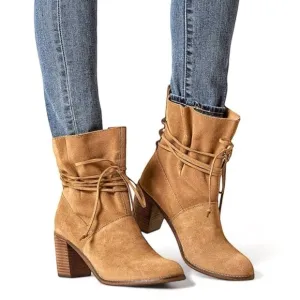 NWT TOMS Mila Leather Suede Tan Heeled Boots Size 6