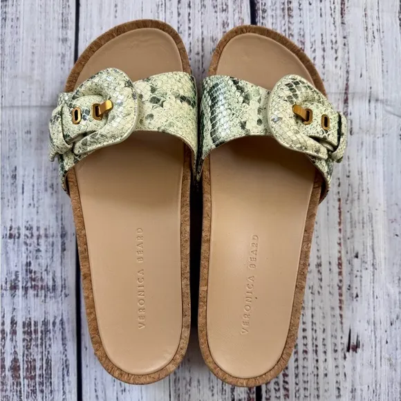 NWT Veronica Beard Womens SlideSandals Dixie Green Beige Snake Print