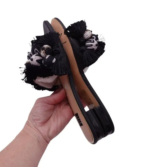 NWT White House Black Market Liv Slide Sandals Sz 6.5M Black Pompom Tassel