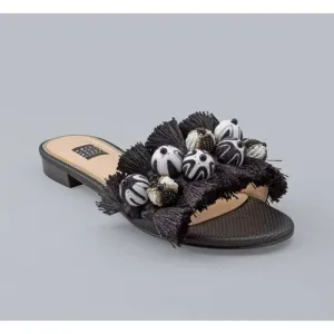 NWT White House Black Market Liv Slide Sandals Sz 6.5M Black Pompom Tassel