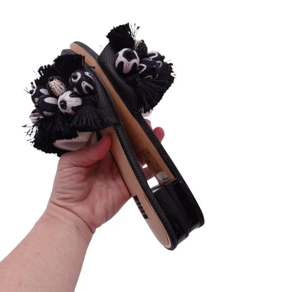 NWT White House Black Market Liv Slide Sandals Sz 6.5M Black Pompom Tassel