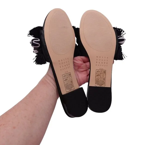 NWT White House Black Market Liv Slide Sandals Sz 6.5M Black Pompom Tassel
