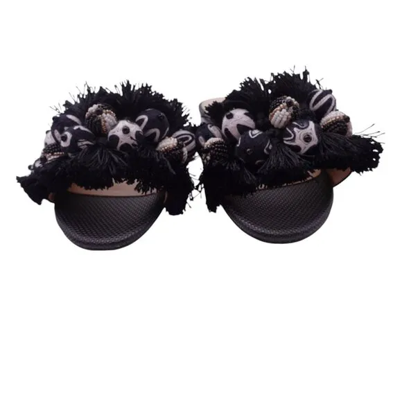 NWT White House Black Market Liv Slide Sandals Sz 6.5M Black Pompom Tassel