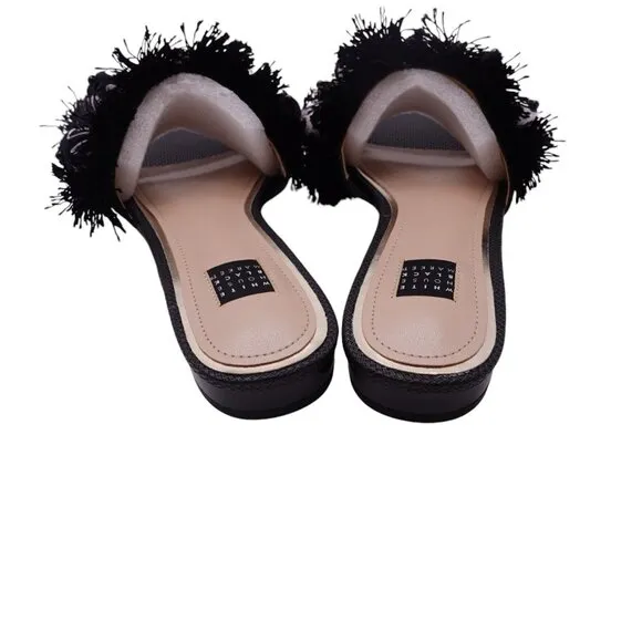 NWT White House Black Market Liv Slide Sandals Sz 6.5M Black Pompom Tassel