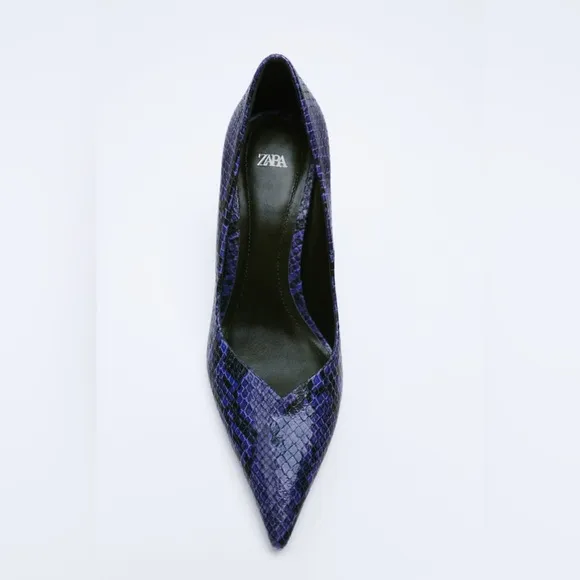NWT. Zara Blue Animal Print Heeled Shoes. Size 8.