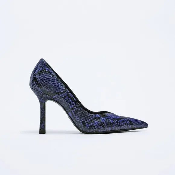 NWT. Zara Blue Animal Print Heeled Shoes. Size 8.