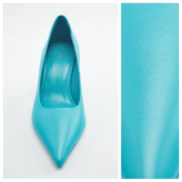 NWT. Zara Blue Leather Heeled Court Shoes. Size 8.