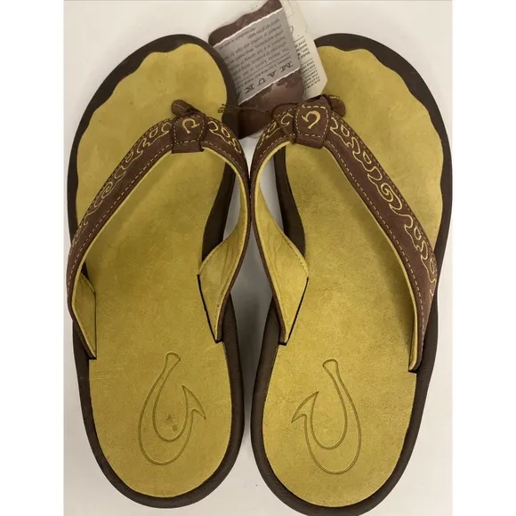Olukai NWT Leather Flip-Flops Sandals Brown/Green Mauka Series Women's 9