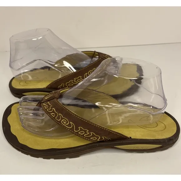 Olukai NWT Leather Flip-Flops Sandals Brown/Green Mauka Series Women's 9