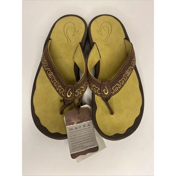 Olukai NWT Leather Flip-Flops Sandals Brown/Green Mauka Series Women's 9