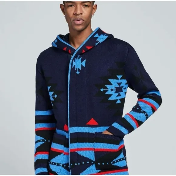 One in a Million Hooded Cardigan for Men Navy Blue Red Black Aztec Size Large
