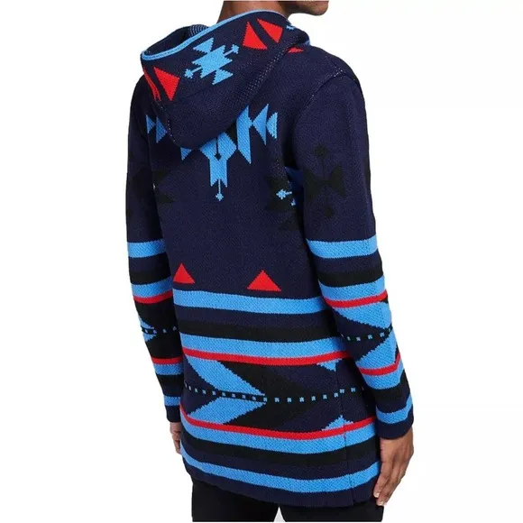 One in a Million Hooded Cardigan for Men Navy Blue Red Black Aztec Size Large