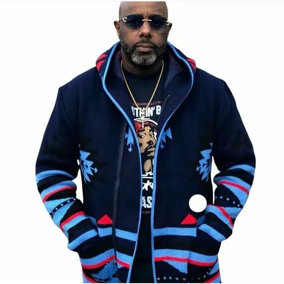 One in a Million Hooded Cardigan for Men Navy Blue Red Black Aztec Size Large