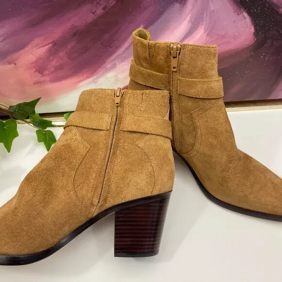 PAIGE Evelyn Suede Leather Heeled Bootie in Tan Size 10