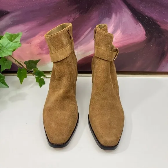 PAIGE Evelyn Suede Leather Heeled Bootie in Tan Size 10
