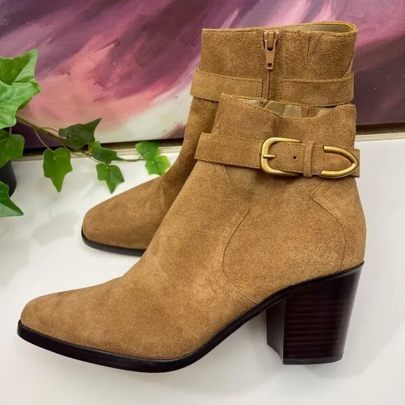 PAIGE Evelyn Suede Leather Heeled Bootie in Tan Size 10