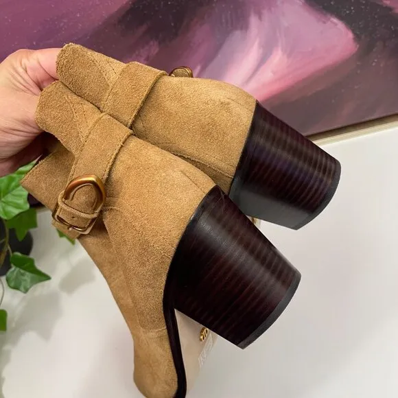 PAIGE Evelyn Suede Leather Heeled Bootie in Tan Size 10