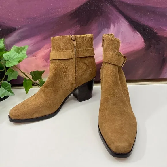 PAIGE Evelyn Suede Leather Heeled Bootie in Tan Size 10